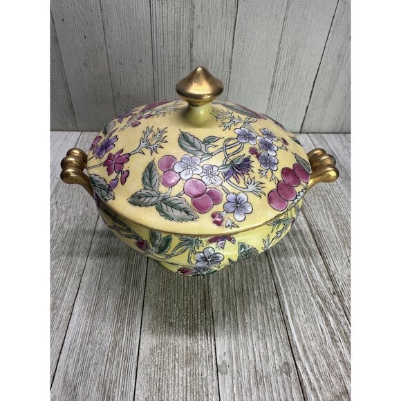 Vtg Chinese Gilding Lidded Trinket Dish 6" Red Stamp Floral Plum Gold Handles - Picture 5 of 11